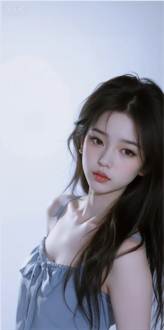 长发美女手机壁纸｜浅蓝背景图片 - 蓝色吊带裙「哲风壁纸」