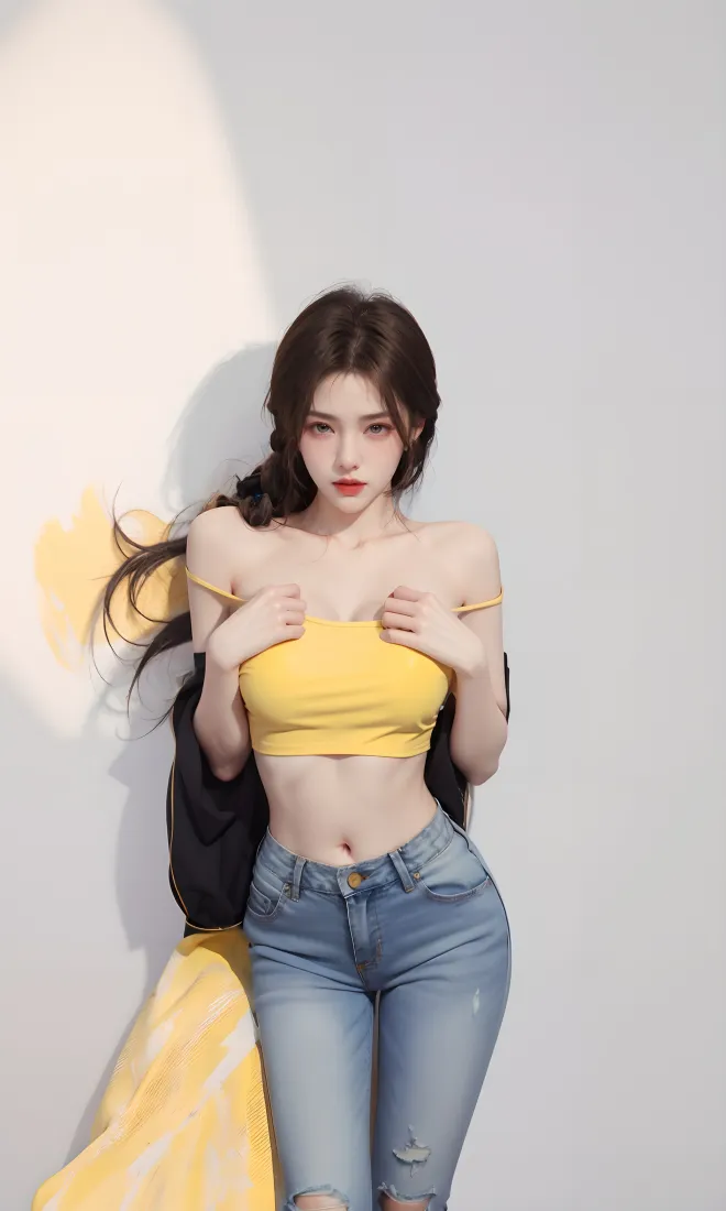 黄色抹胸美女手机壁纸｜破洞牛仔裤背景图片 - 时尚穿搭「哲风壁纸」