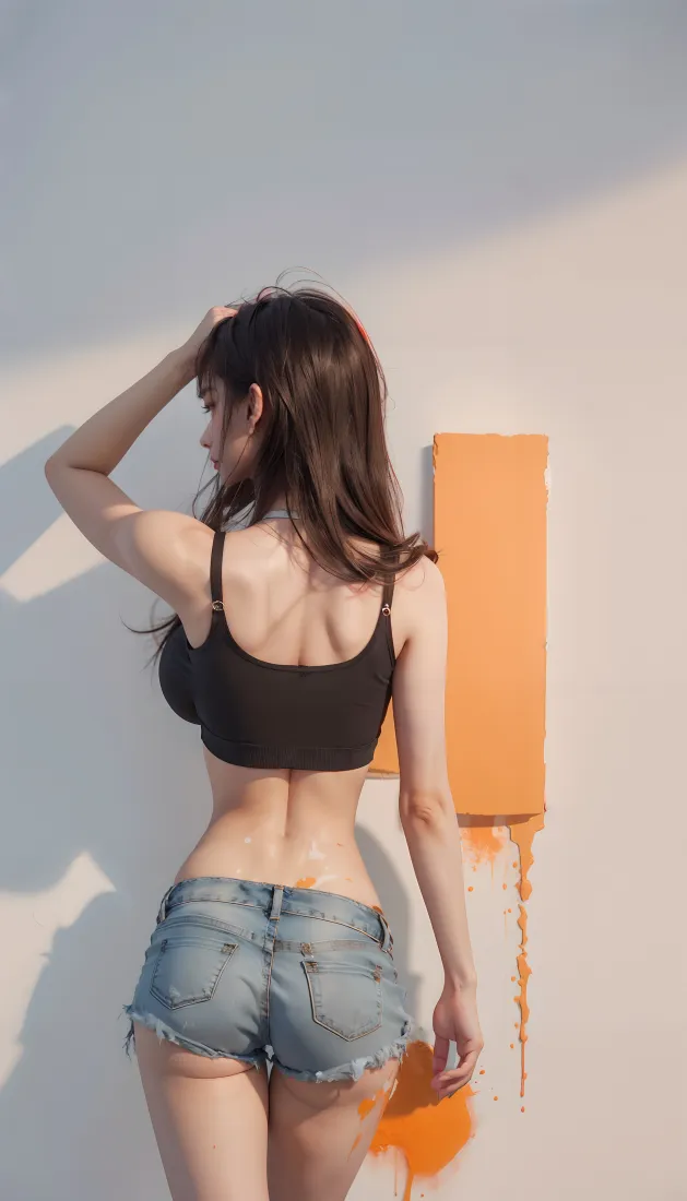 性感美女手机壁纸｜白色背景图片 - 黑色吊带牛仔短裤「哲风壁纸」