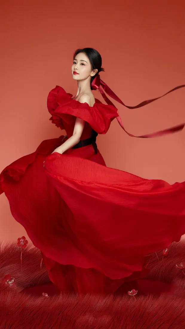 红衣美女手机壁纸｜红色背景图片 - 飘带长裙「哲风壁纸」