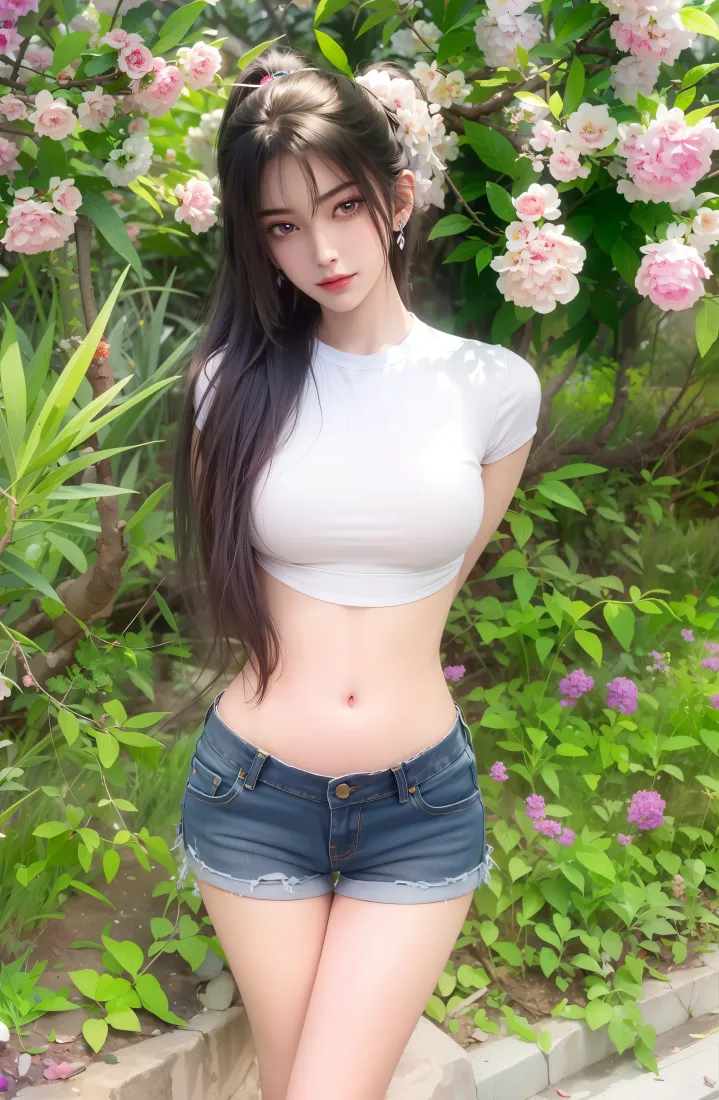 白衣美女手机壁纸｜花丛绿植背景 - 牛仔短裤「哲风壁纸」