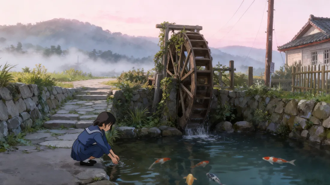 4k（水车乡间壁纸｜自然风景背景 - 池塘锦鲤男孩）「哲风壁纸」