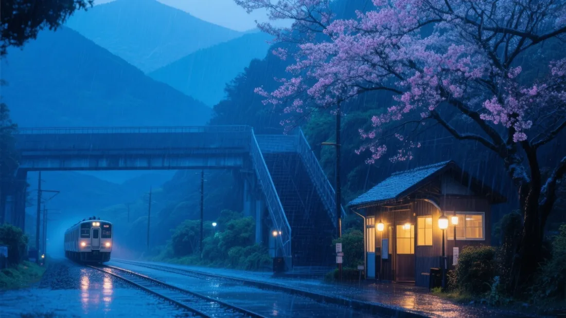 2k列车壁纸｜雨幕山影背景图片 - 旧站樱花雨夜「哲风壁纸」