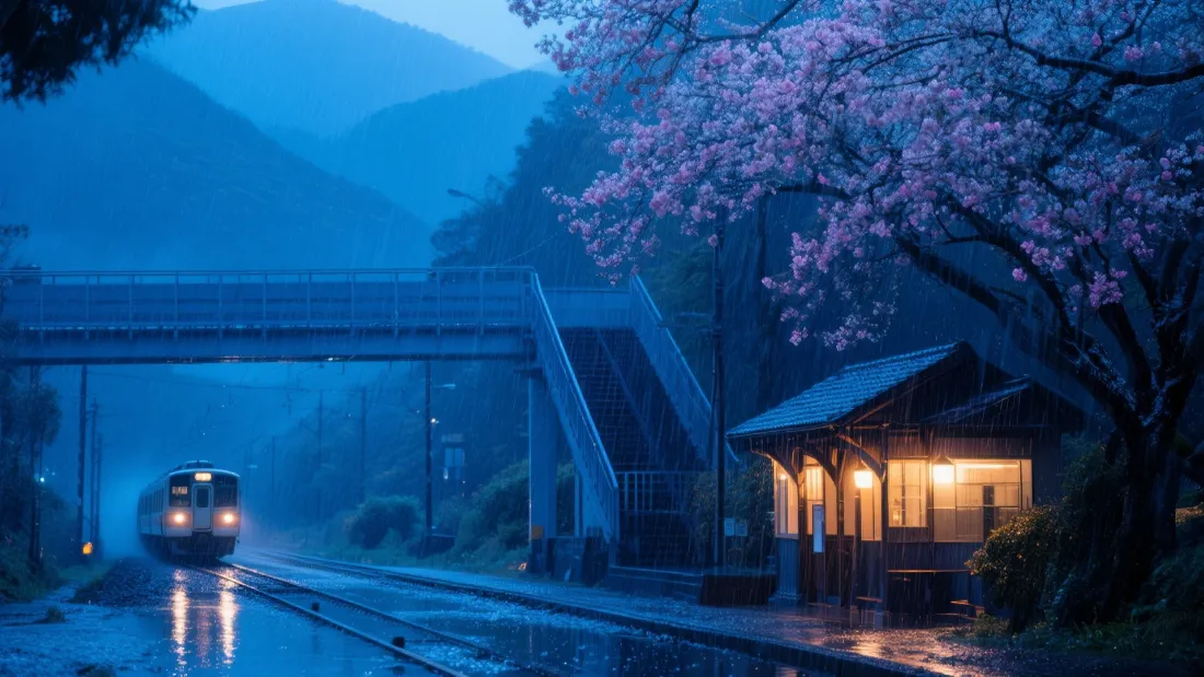 2k雨夜火车站壁纸｜樱花树背景图片 - 归途晚归「哲风壁纸」