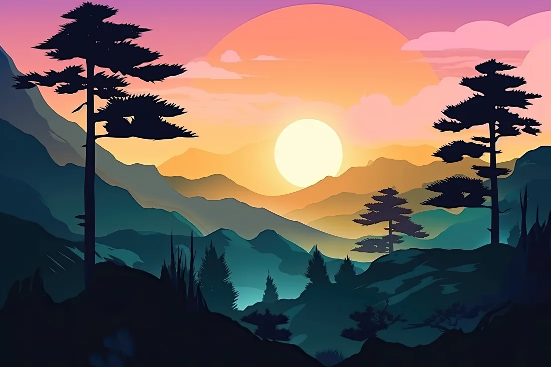 5k自然风景壁纸｜夕阳山川背景图片 - 松树剪影「哲风壁纸」