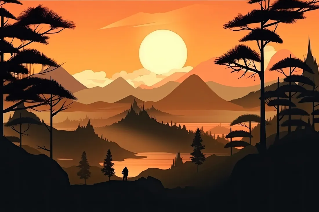 5k自然风景壁纸｜山川夕阳背景图片 - 湖泊松树剪影「哲风壁纸」