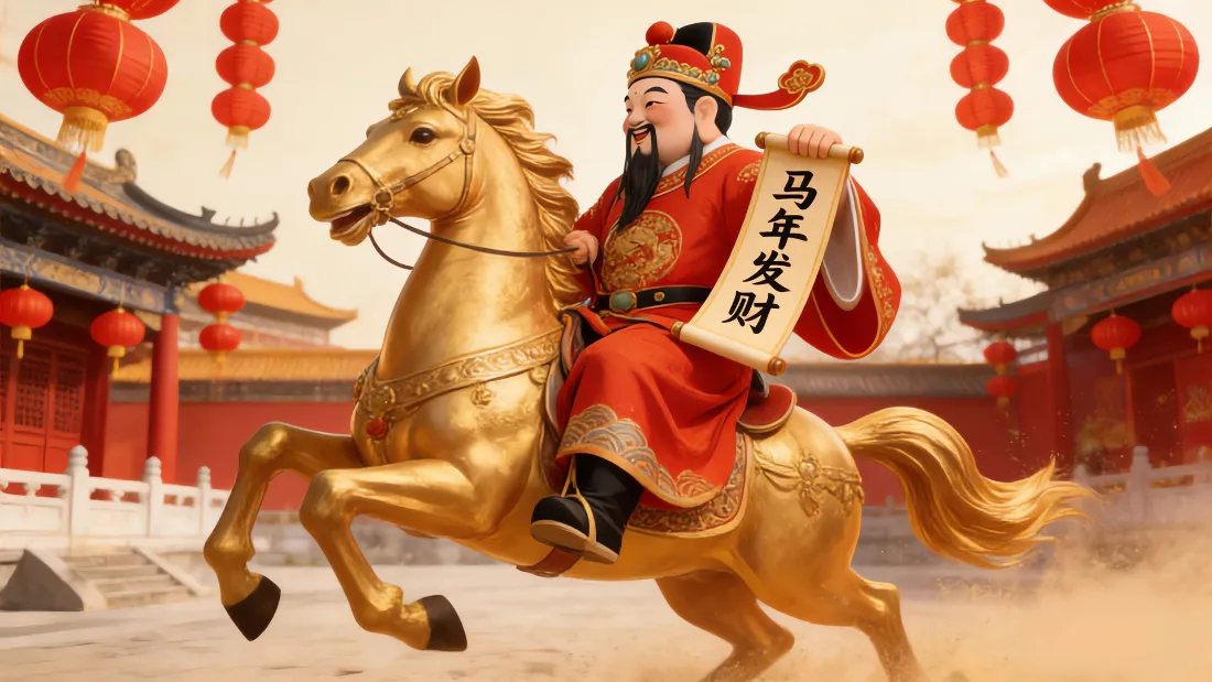 2k财神骑金马壁纸｜中式宫殿背景图片 - 马年发财「哲风壁纸」