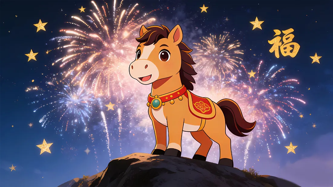 2k卡通马壁纸｜夜空烟花背景图片 - 马年福「哲风壁纸」