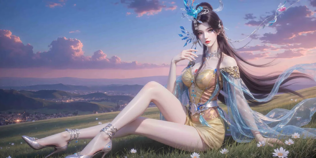 18k古风美女壁纸｜草地背景图片 - 蓝天「哲风壁纸」