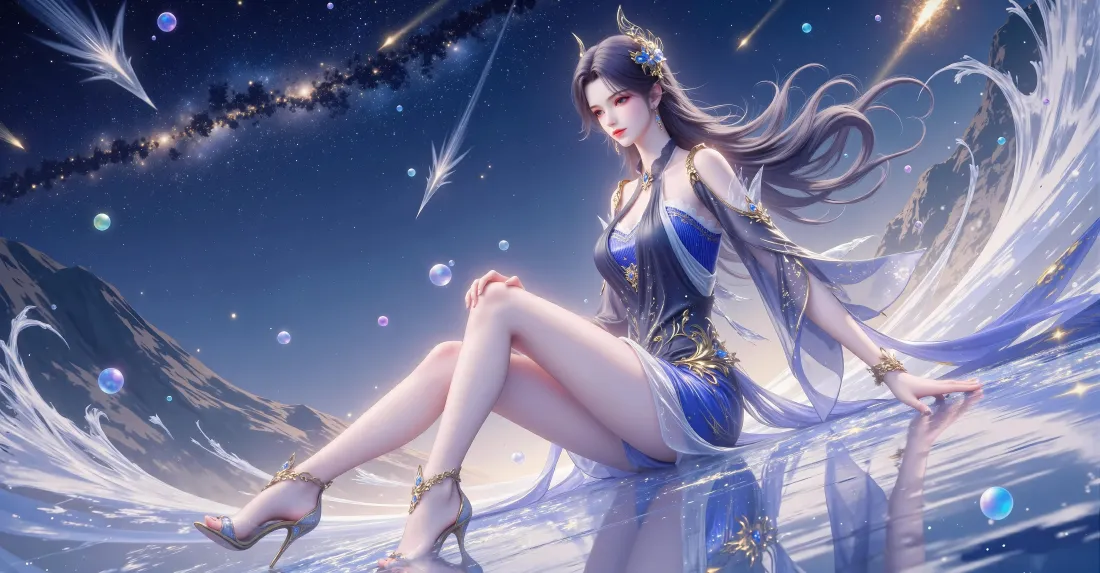 6k蓝裙美女壁纸｜星空山水背景 - 蓝色羽毛「哲风壁纸」