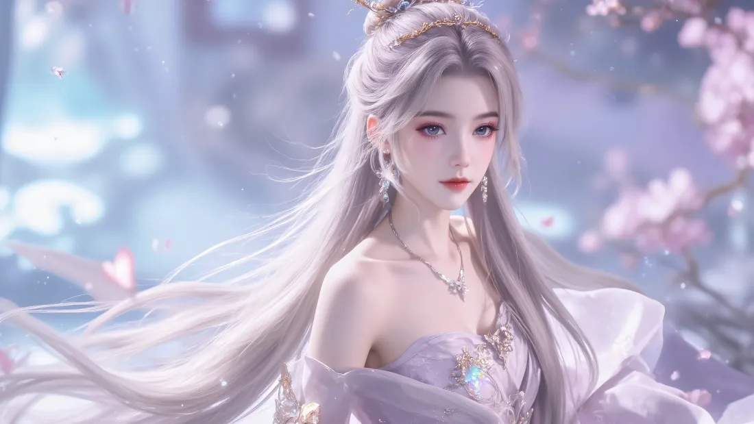 6k古风美女壁纸｜樱花背景 - 仙侠淡紫裙「哲风壁纸」