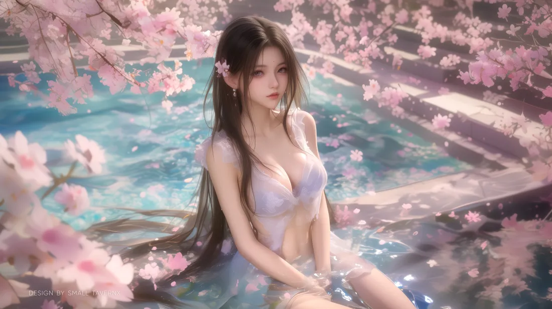 6k长发美女比基尼壁纸｜樱花水池背景 - 浪漫「哲风壁纸」