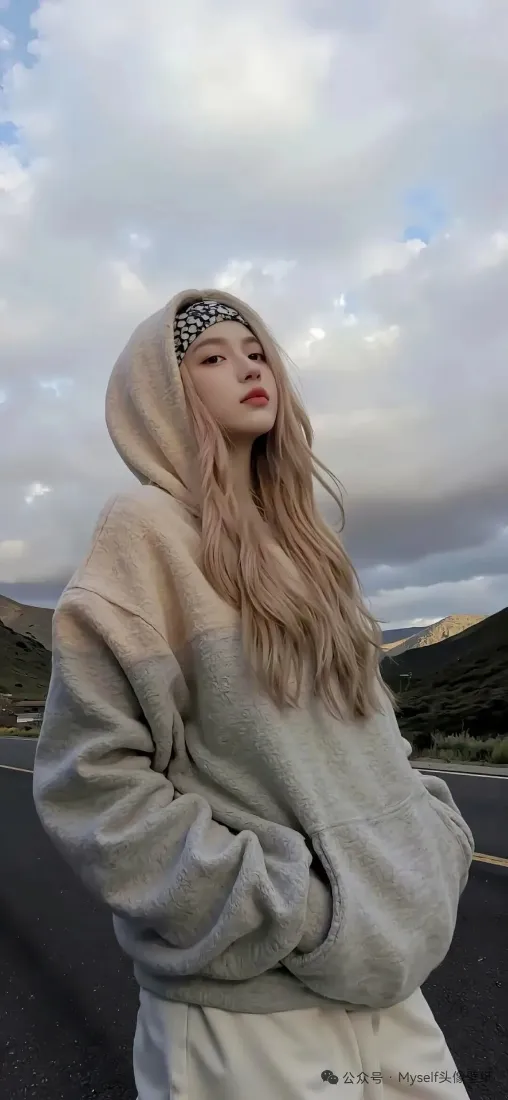 渐变连帽衫女孩手机壁纸｜公路风景背景图片 - 幻色毛衣「哲风壁纸」