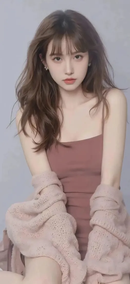 美女手机壁纸｜灰色背景图片 - 吊带针织衫穿搭「哲风壁纸」