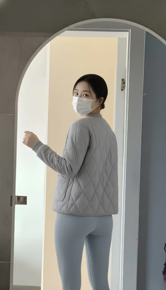 戴口罩女性手机壁纸｜室内背景图片 - 灰色穿搭「哲风壁纸」