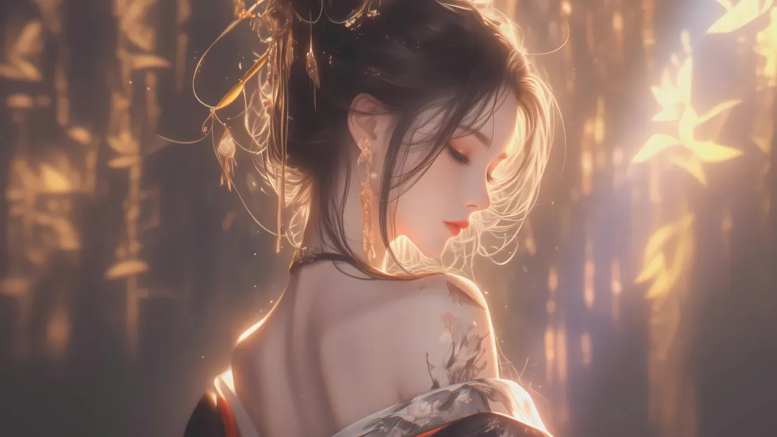 15k古风美女壁纸｜暖光背景图片 - 和服背影「哲风壁纸」