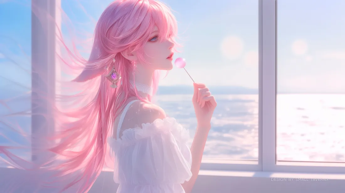 4k粉色头发少女壁纸｜海景窗边背景 - 白色连衣裙「哲风壁纸」