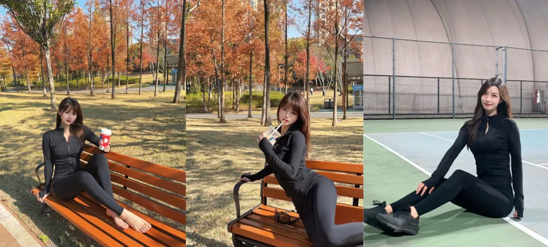 2k黑衣美女壁纸｜秋日红叶公园背景 - 网球场健身「哲风壁纸」