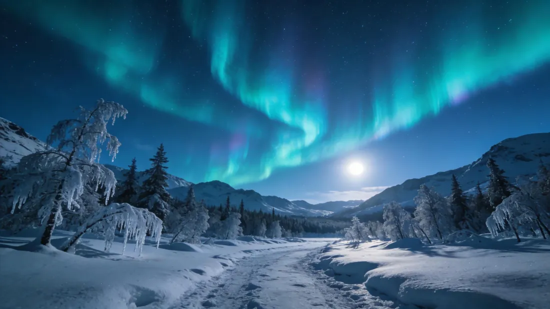 3k极光雪景壁纸｜冰雪森林背景 - 月夜山脉极光「哲风壁纸」