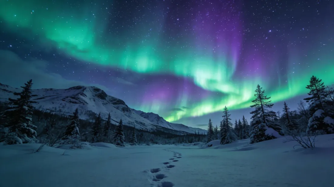 3k极光雪景壁纸｜雪山松林背景图片 - 极地夜空「哲风壁纸」