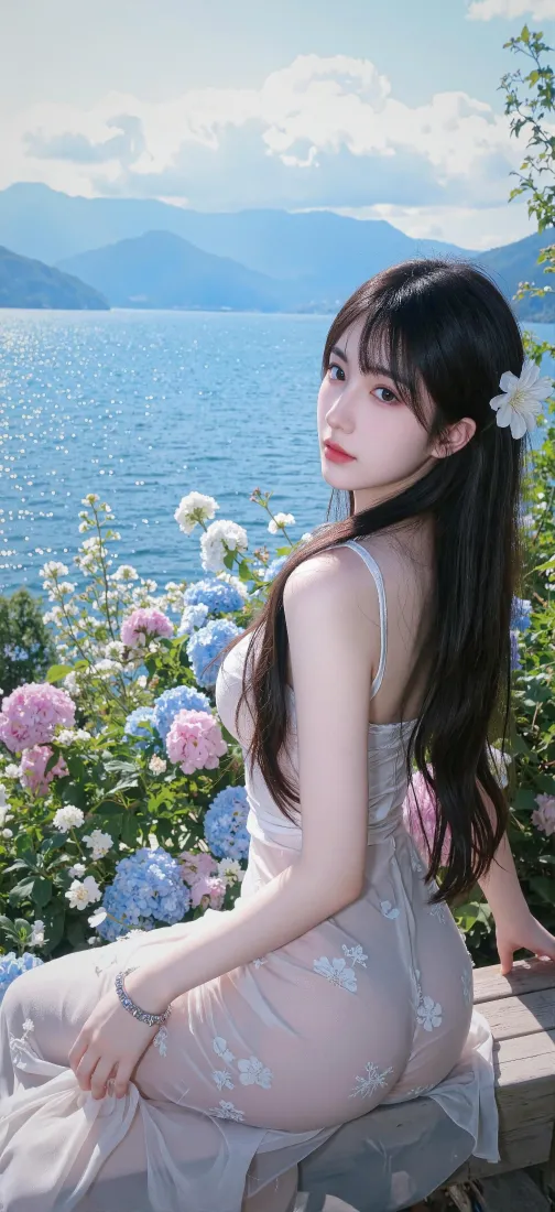 美女手机壁纸｜湖泊花丛背景图 - 优雅长裙美腿「哲风壁纸」