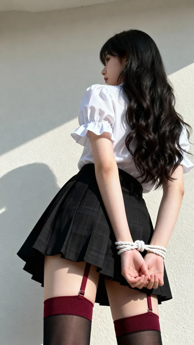 JK制服美女手机壁纸｜简约白墙背景 - 美腿黑丝「哲风壁纸」