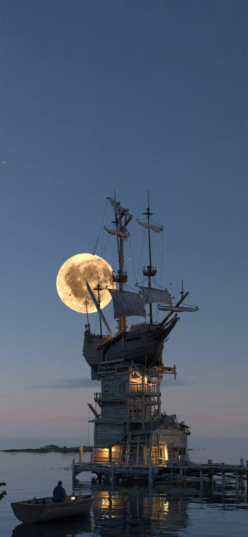 船月亮手机壁纸｜海面黄昏背景图片 - 灯塔夜景「哲风壁纸」