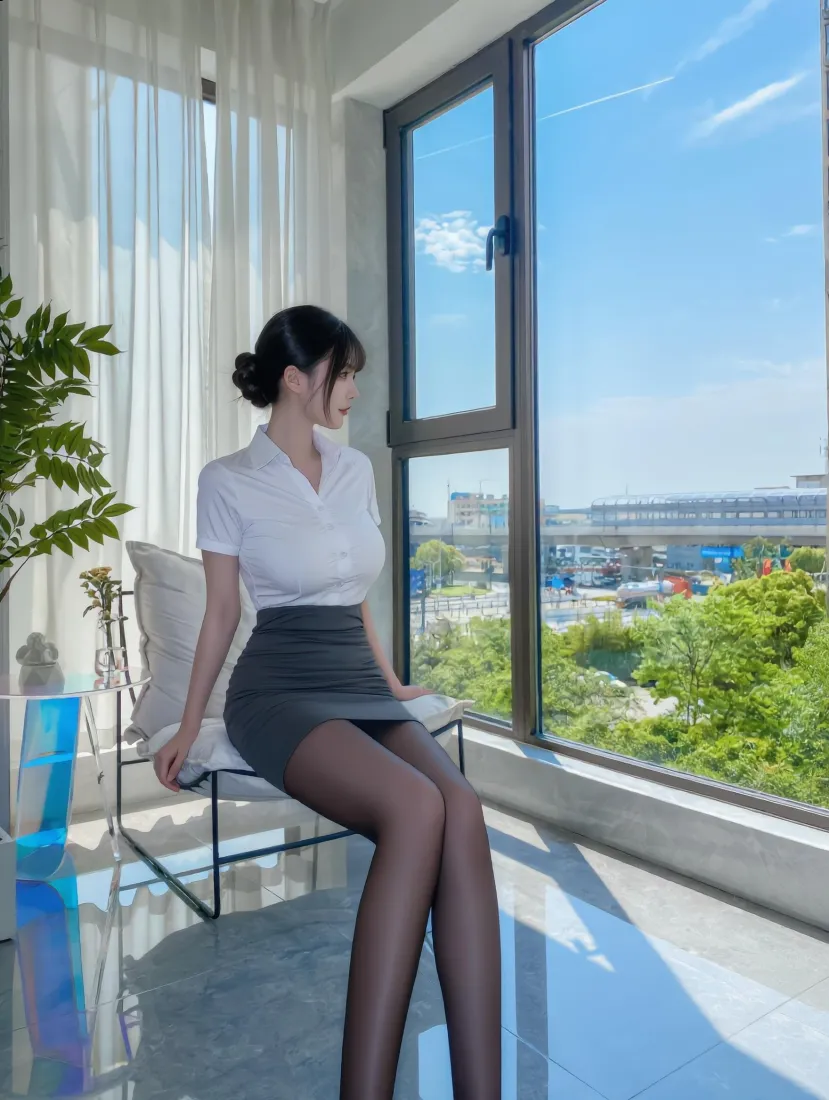 OL女性手机壁纸｜窗边背景图片 - 黑丝职业装「哲风壁纸」