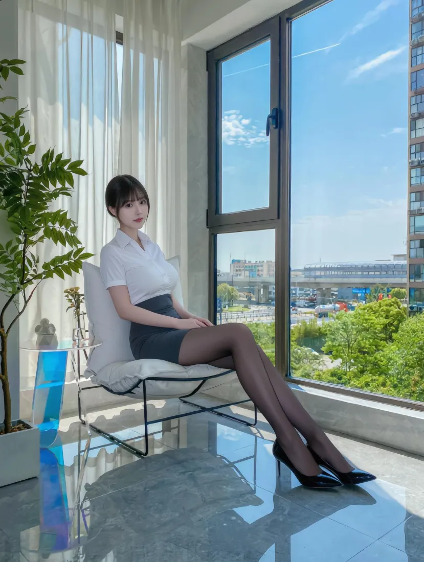 职业装女性手机壁纸｜窗边城市景观背景 - 黑丝高跟鞋高清「哲风壁纸」