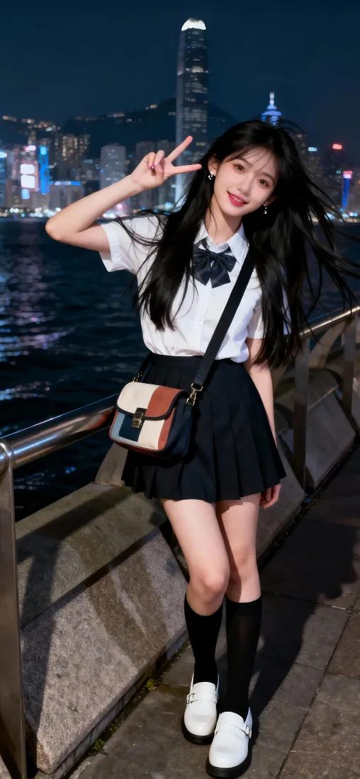 校服少女手机壁纸｜香港夜景背景图片 - 活力女生「哲风壁纸」