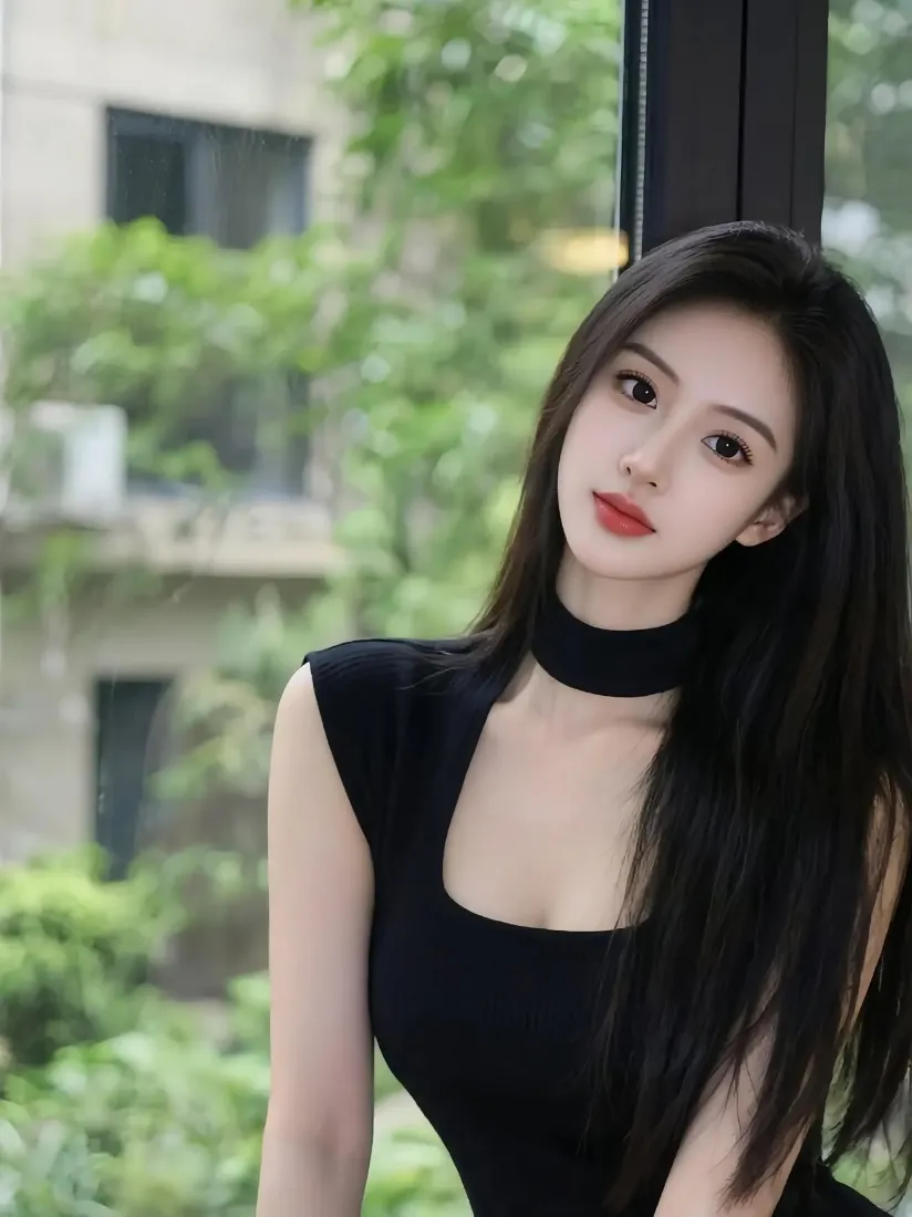 黑衣美女手机壁纸｜窗外绿植背景图片 - 优雅气质修身裙「哲风壁纸」