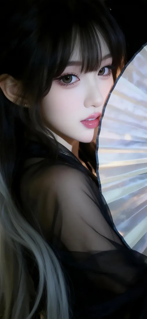 黑衣美女手机壁纸｜扇子背景图片 - 魅力妆容「哲风壁纸」