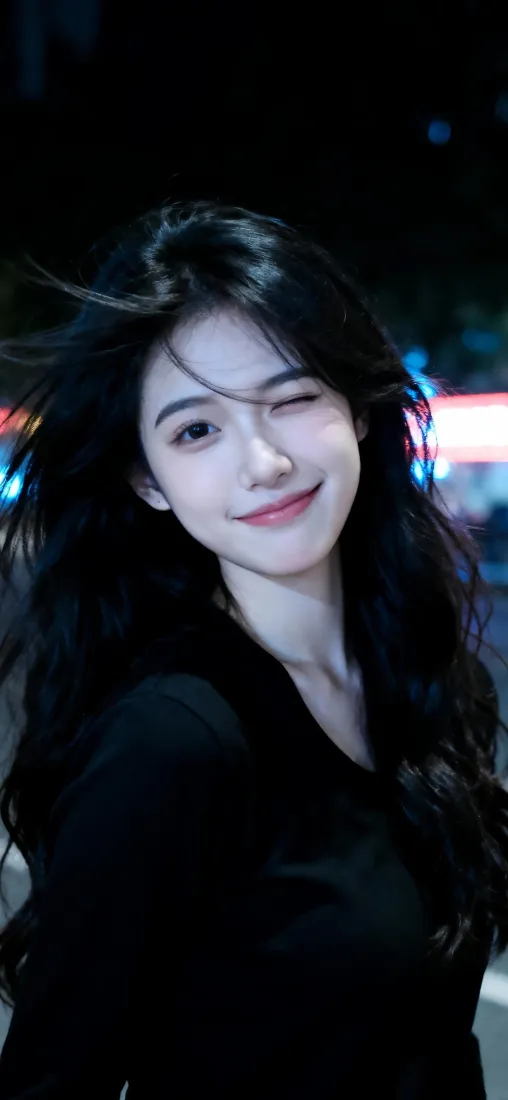 黑衣美女手机壁纸｜夜景背景图片 - 微笑长发「哲风壁纸」