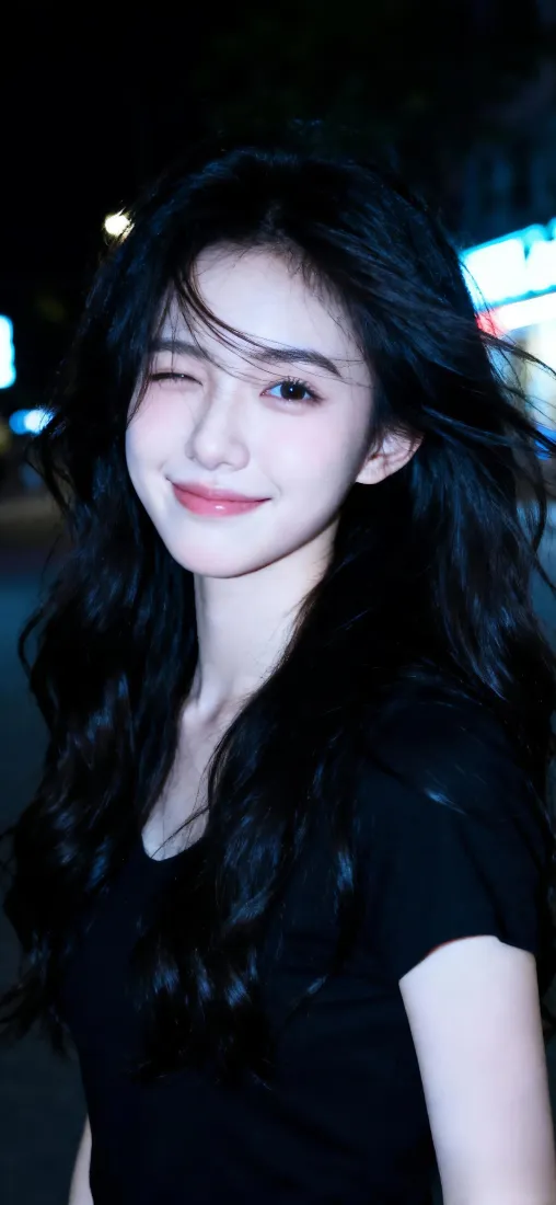 黑衣美女手机壁纸｜夜景背景图片 - 微笑长发「哲风壁纸」