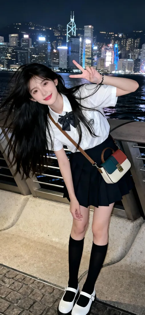 校服美女手机壁纸｜香港夜景背景图 - 比耶摆拍「哲风壁纸」