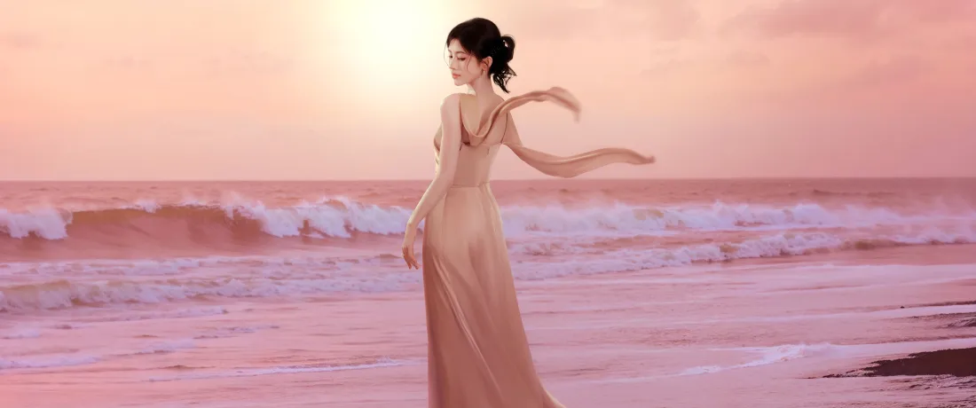 3k海边长裙女性壁纸｜粉色背景图片 - 日落海浪「哲风壁纸」