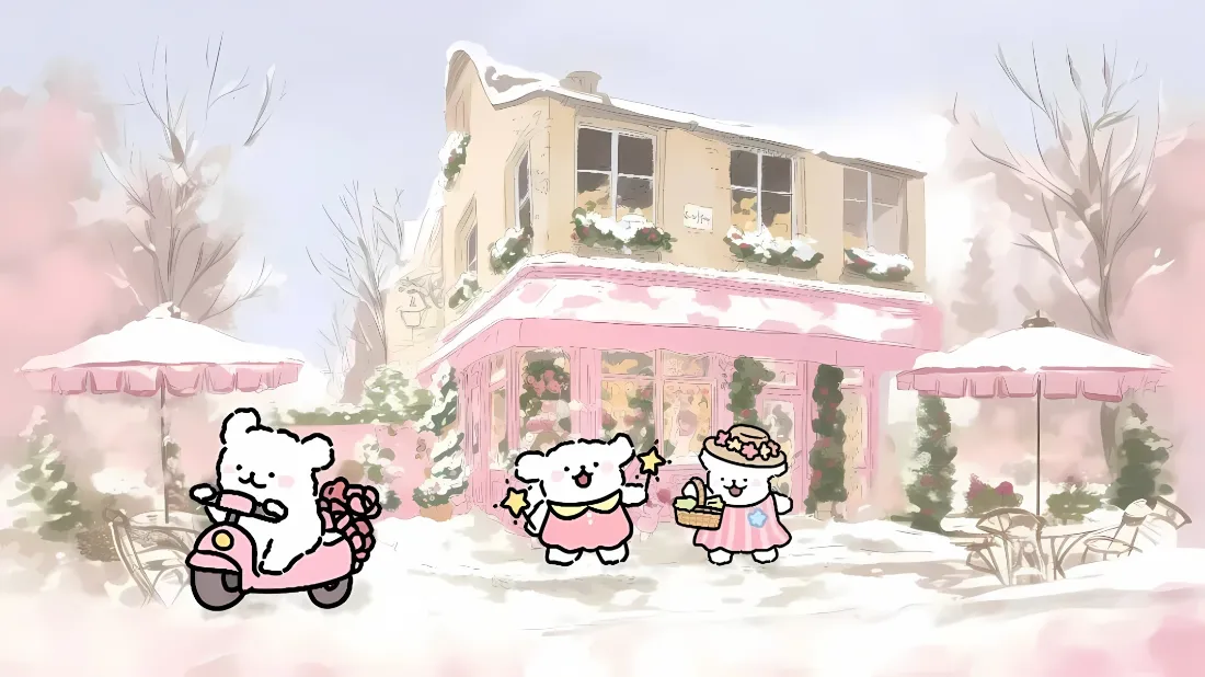 2k线条小狗壁纸｜雪景背景图 - 粉色冬日街道「哲风壁纸」