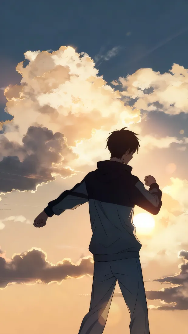逐光漫想少年背影手机壁纸｜黄昏天空背景 - 阳光云朵「哲风壁纸」