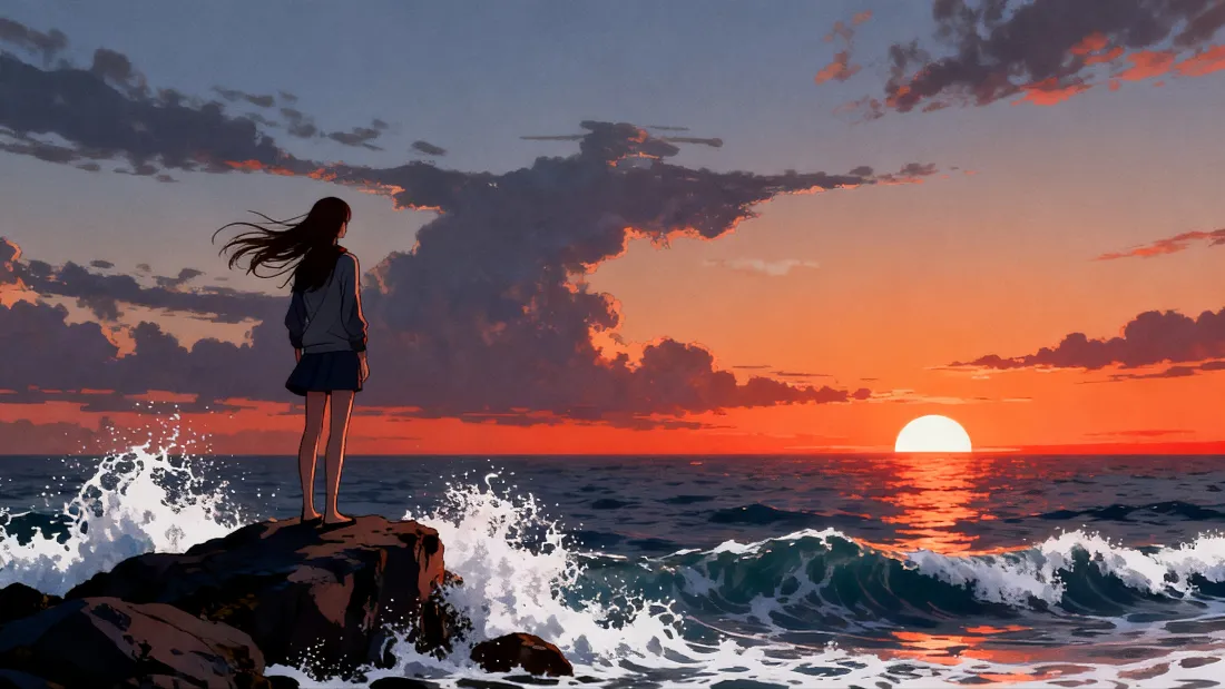 4k海边女孩壁纸｜日落海景背景图 - 望海风吟漫想「哲风壁纸」