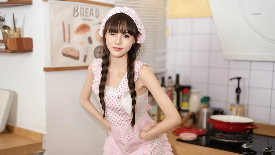 8k双马尾美女壁纸｜厨房背景图片 - 粉色系穿搭「哲风壁纸」
