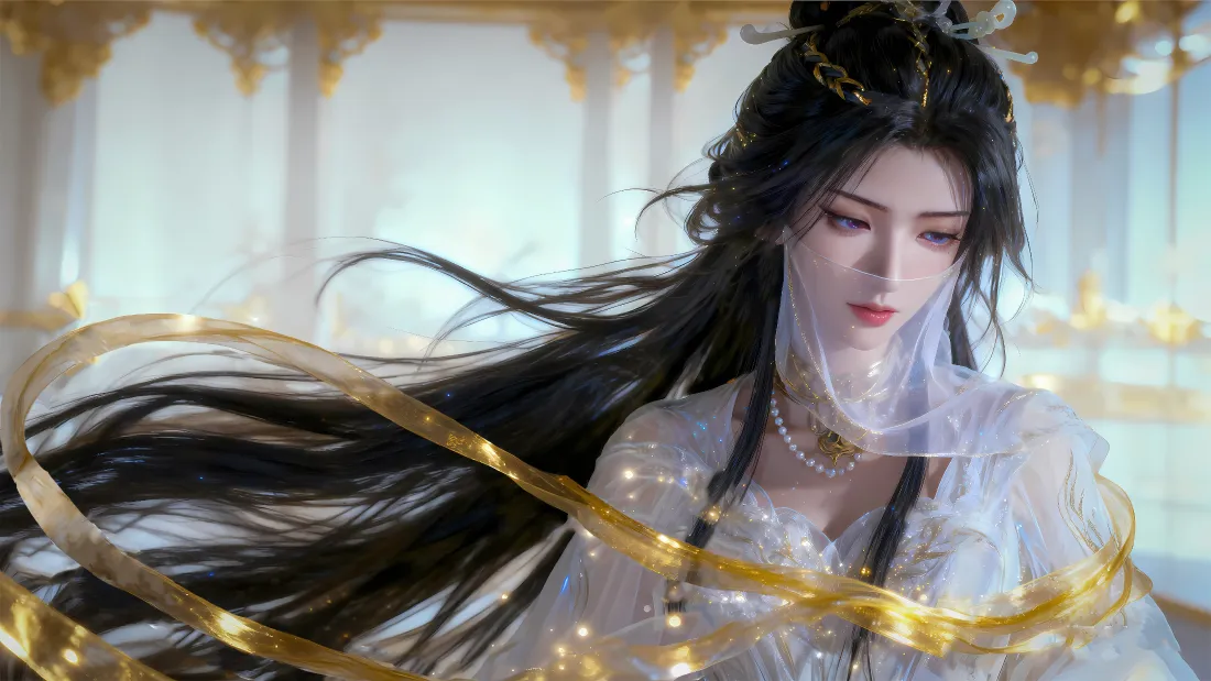4k古风美女壁纸｜古风背景图片 - 白色纱衣金色丝带「哲风壁纸」