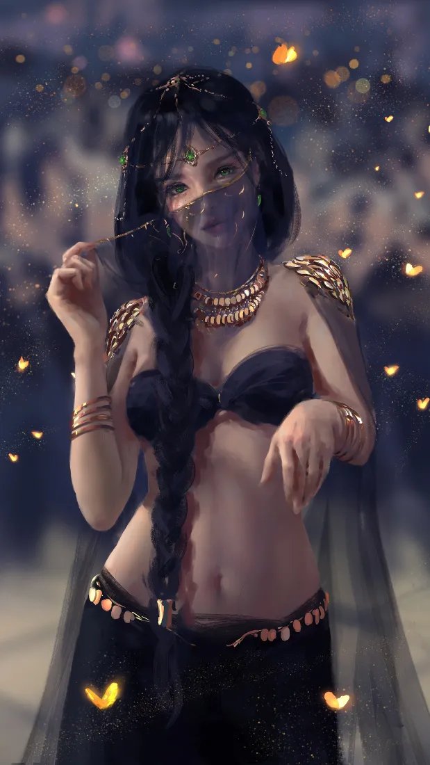 黑衣美女动漫手机壁纸｜暗色调背景 - 金色配饰蝴蝶「哲风壁纸」