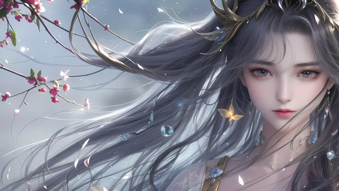 4k古风美女壁纸｜灰发背景图 - 花朵蝴蝶「哲风壁纸」