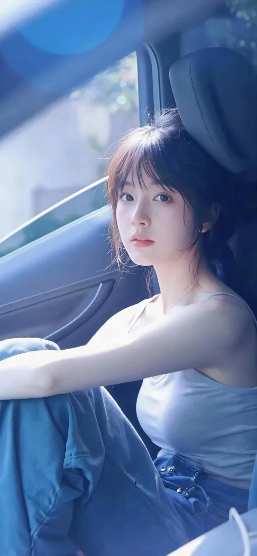 车内美女手机壁纸｜蓝色牛仔裤背景图片 - 阳光清新气质「哲风壁纸」