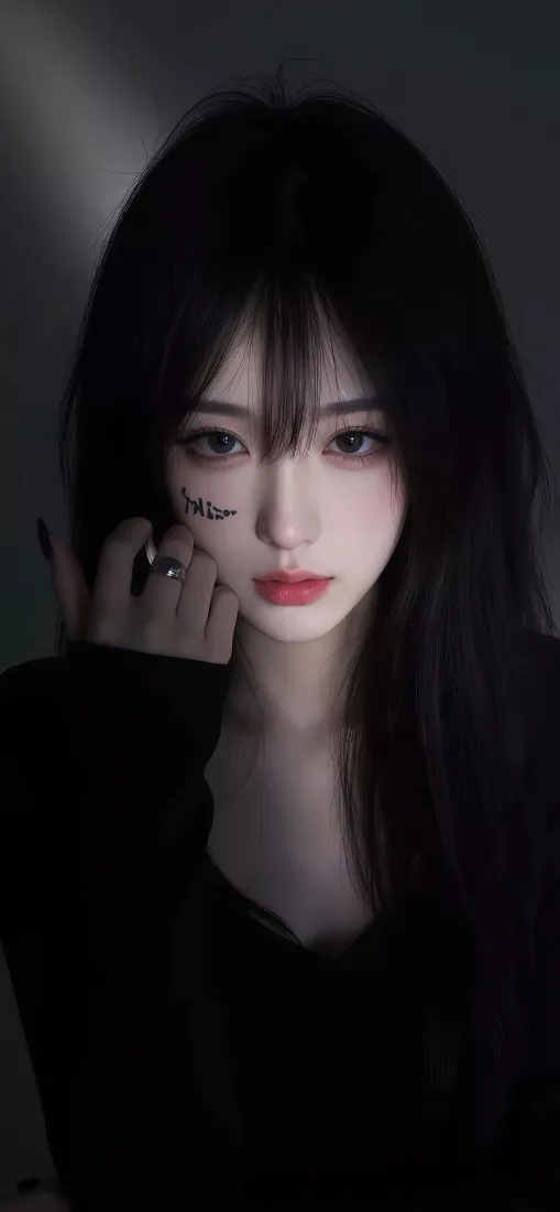 黑衣美女手机壁纸｜暗黑背景图片 - 红唇妆容「哲风壁纸」