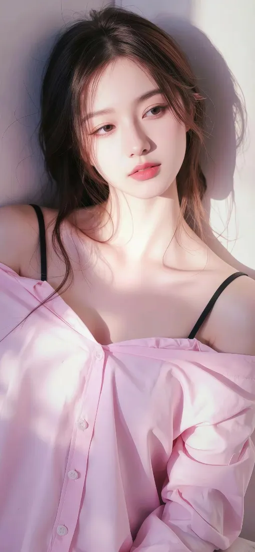 粉色衬衫美女手机壁纸｜柔和光线背景图片 - 高清「哲风壁纸」