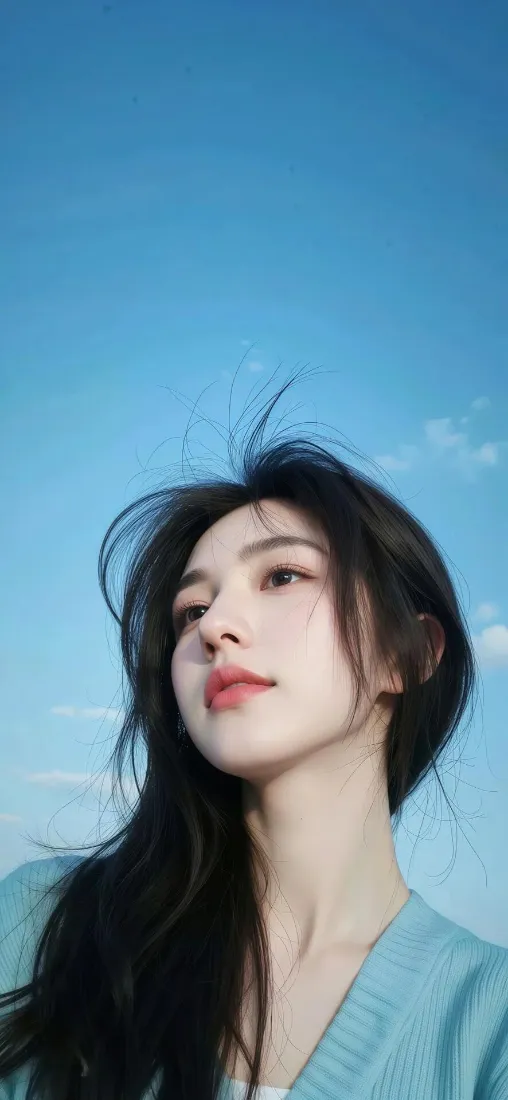 长发美女手机壁纸｜蓝天背景图片 - 浅蓝色上衣清新「哲风壁纸」