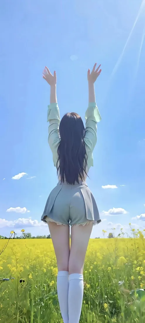 背影美女手机壁纸｜花田蓝天背景图片 - 清新自然「哲风壁纸」