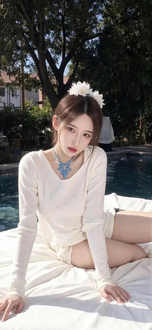 白衣美女手机壁纸｜泳池背景图片 - 清新夏日「哲风壁纸」