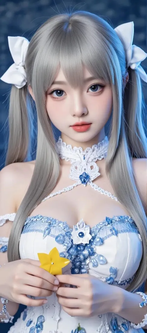 银发双马尾美女手机壁纸｜蓝白服饰背景图片 - 可爱二次元「哲风壁纸」